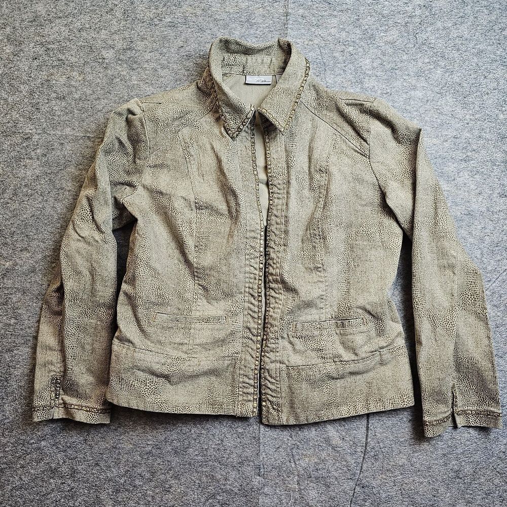 Chicos Platinum Snake Print Denim Jacket Embroidered Tan Green Rhinestone Sz 2